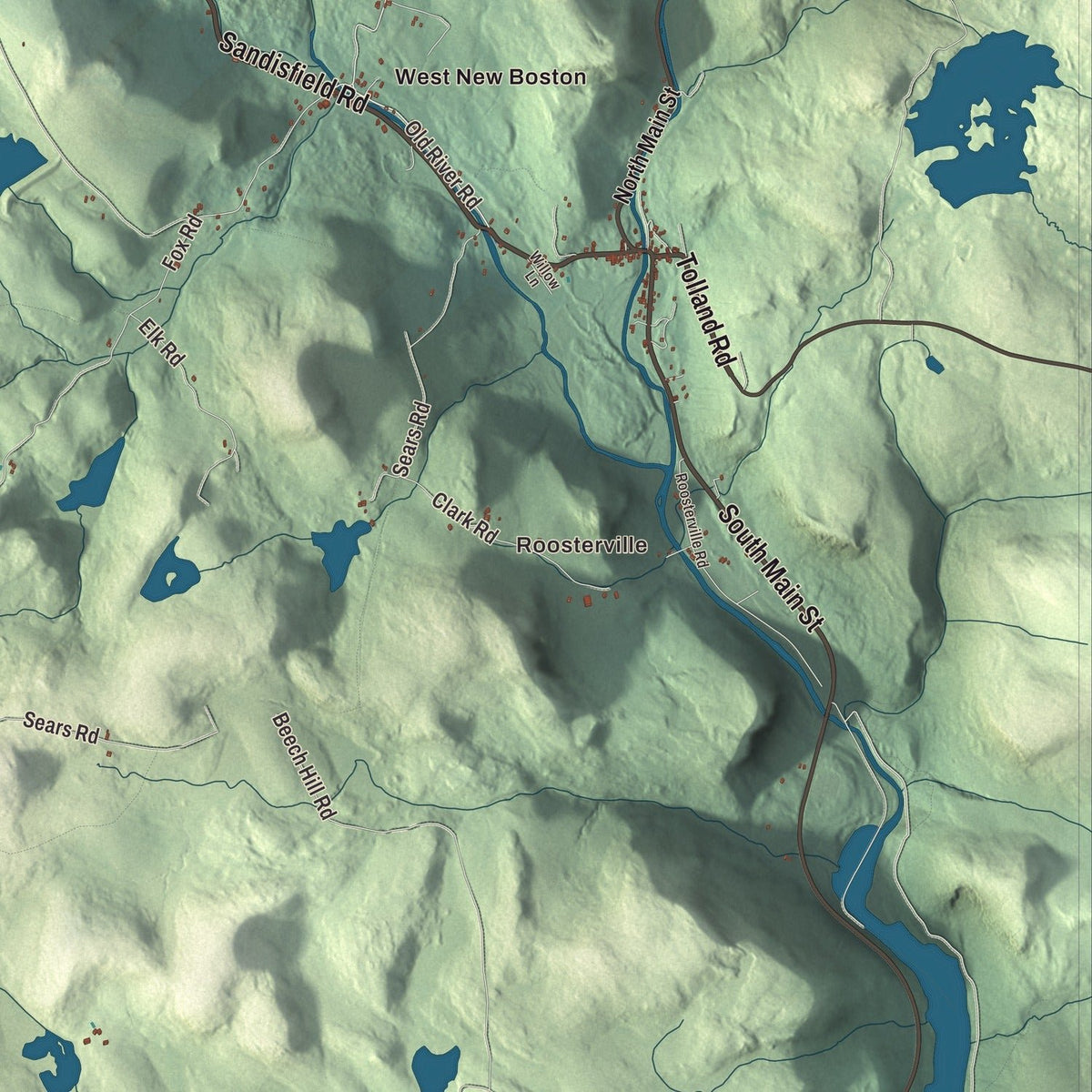 Close-up of the map of Sandisfield, Massachusetts print showing streets and neighborhoods