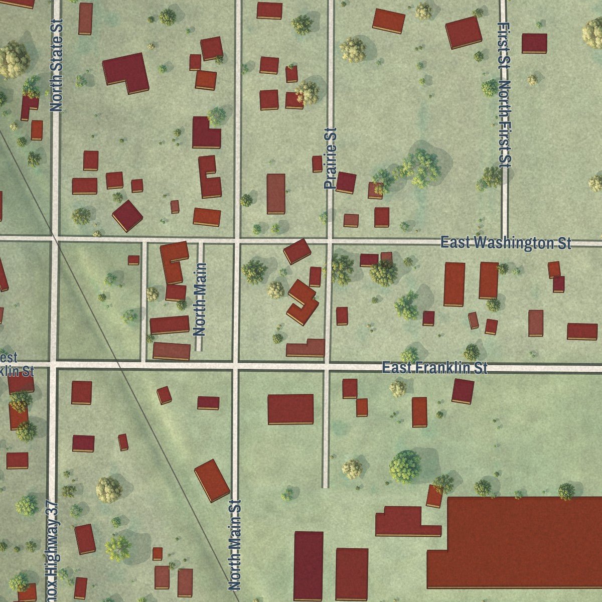 Close-up of the map of Henderson, Illinois print showing street and building detail