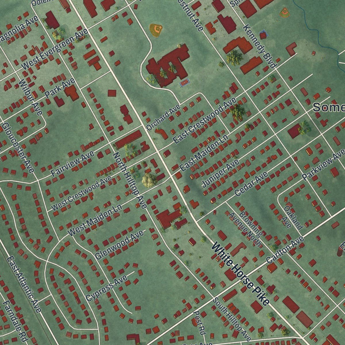 Close-up of the map of Somerdale, New Jersey print showing street and building detail