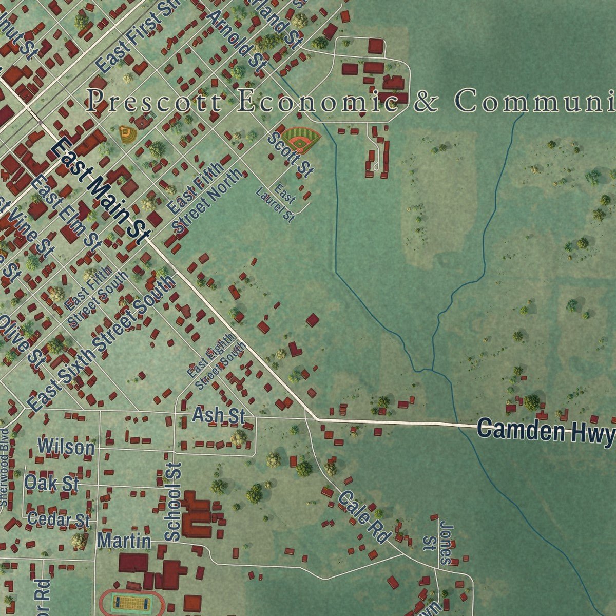Close-up of the map of Prescott, Arkansas print showing street and building detail