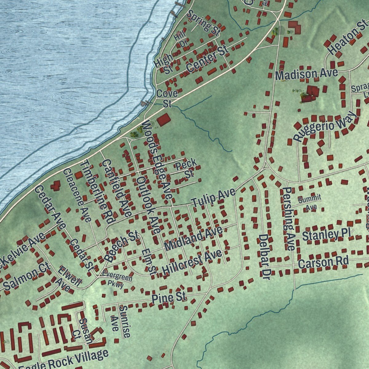 Close-up of the map of Budd Lake, New Jersey print showing street and building detail