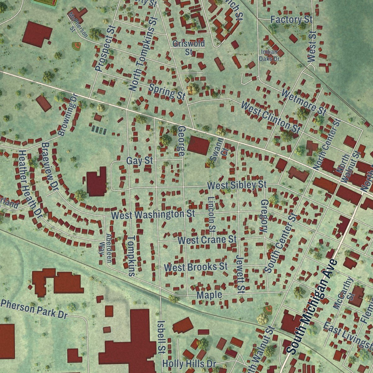 Close-up of the map of Howell, Michigan print showing street and building detail