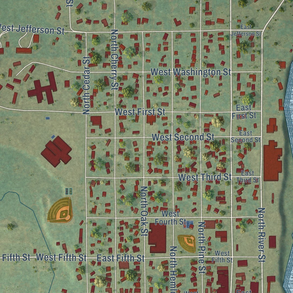Close-up of the map of Evart, Michigan print showing street and building detail