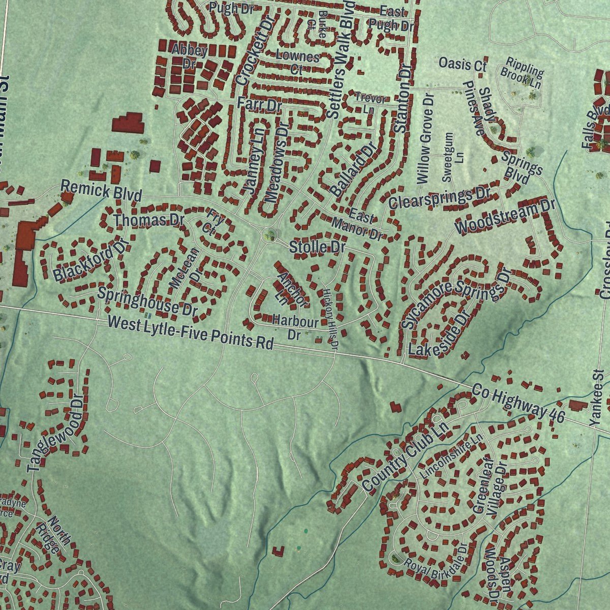 Close-up of the map of Springboro, Ohio print showing street and building detail