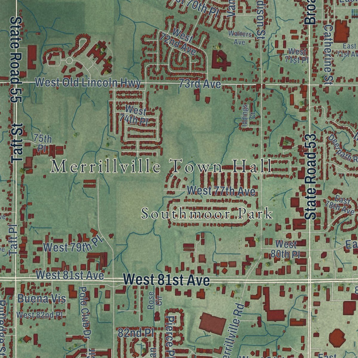 Close-up of the map of Merrillville, Indiana print showing street and building detail