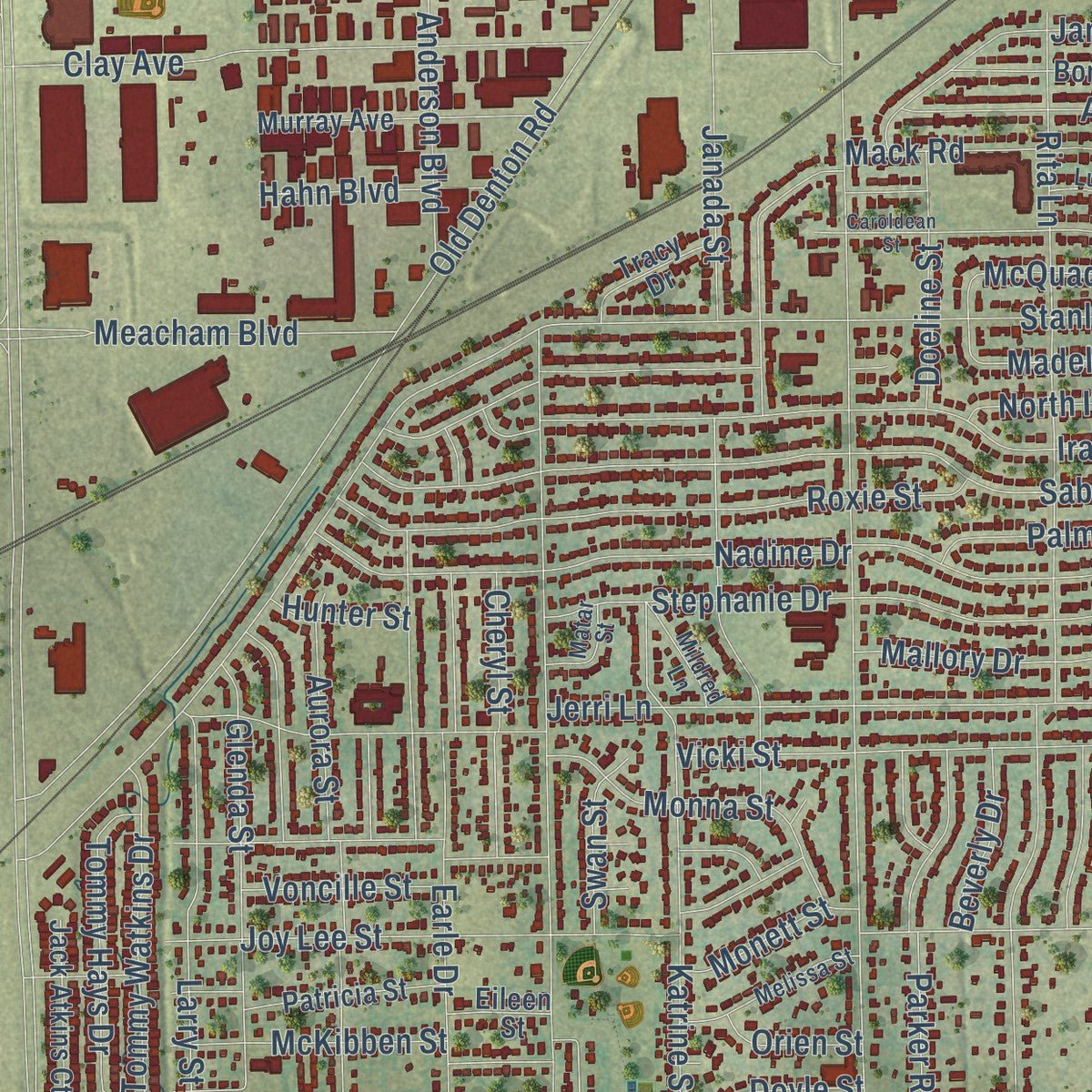 Close-up of the map of Haltom City, Texas print showing street and building detail