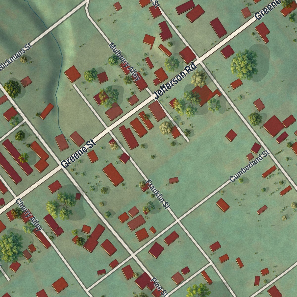 Close-up of the map of the Borough of Jefferson, Greene County, Pennsylvania print showing street and building detail