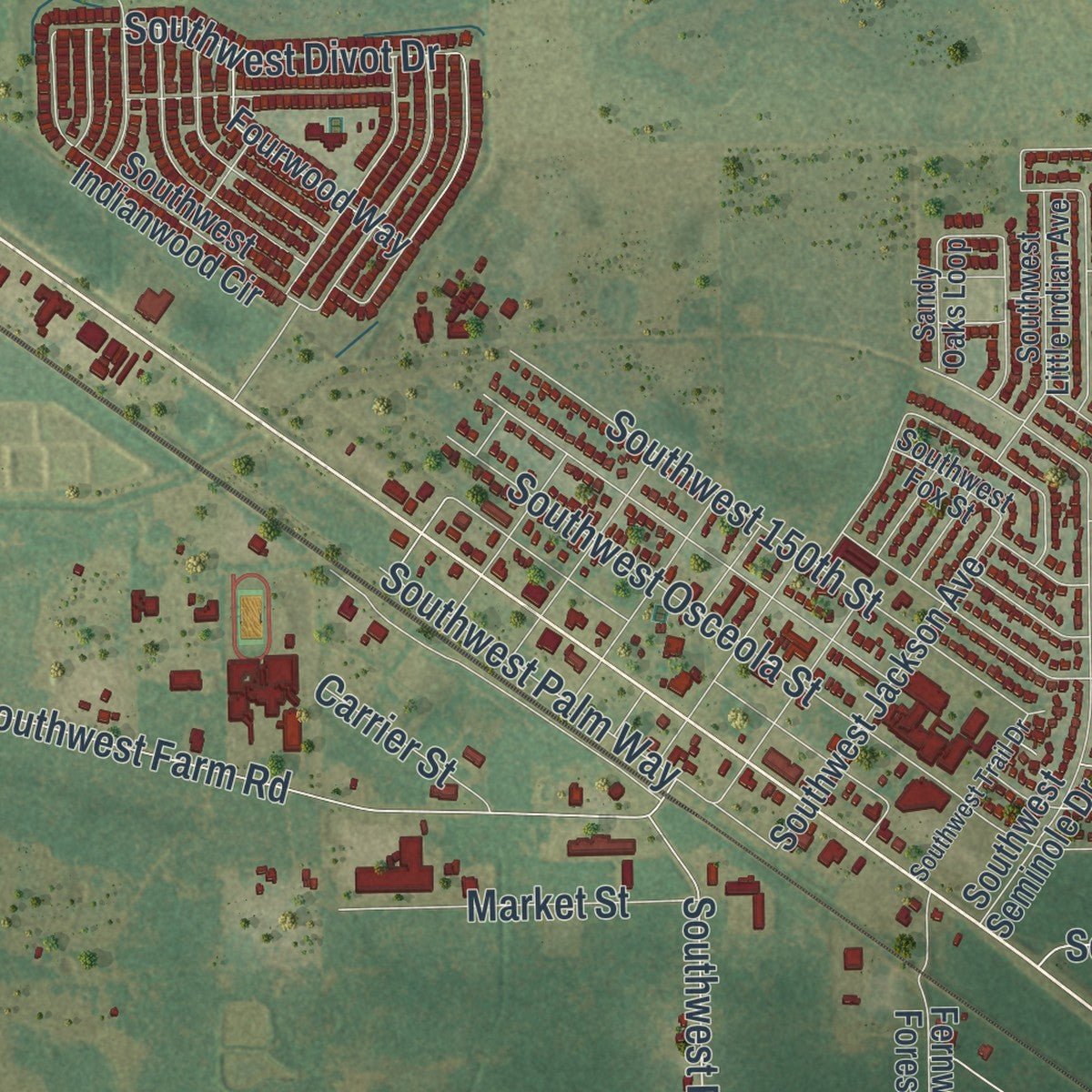 Close-up of the map of Indiantown, Florida print showing street and building detail