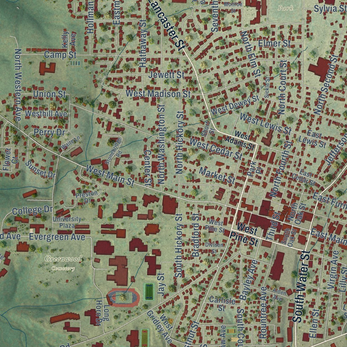 Close-up of the map of Platteville, Wisconsin print showing street and building detail