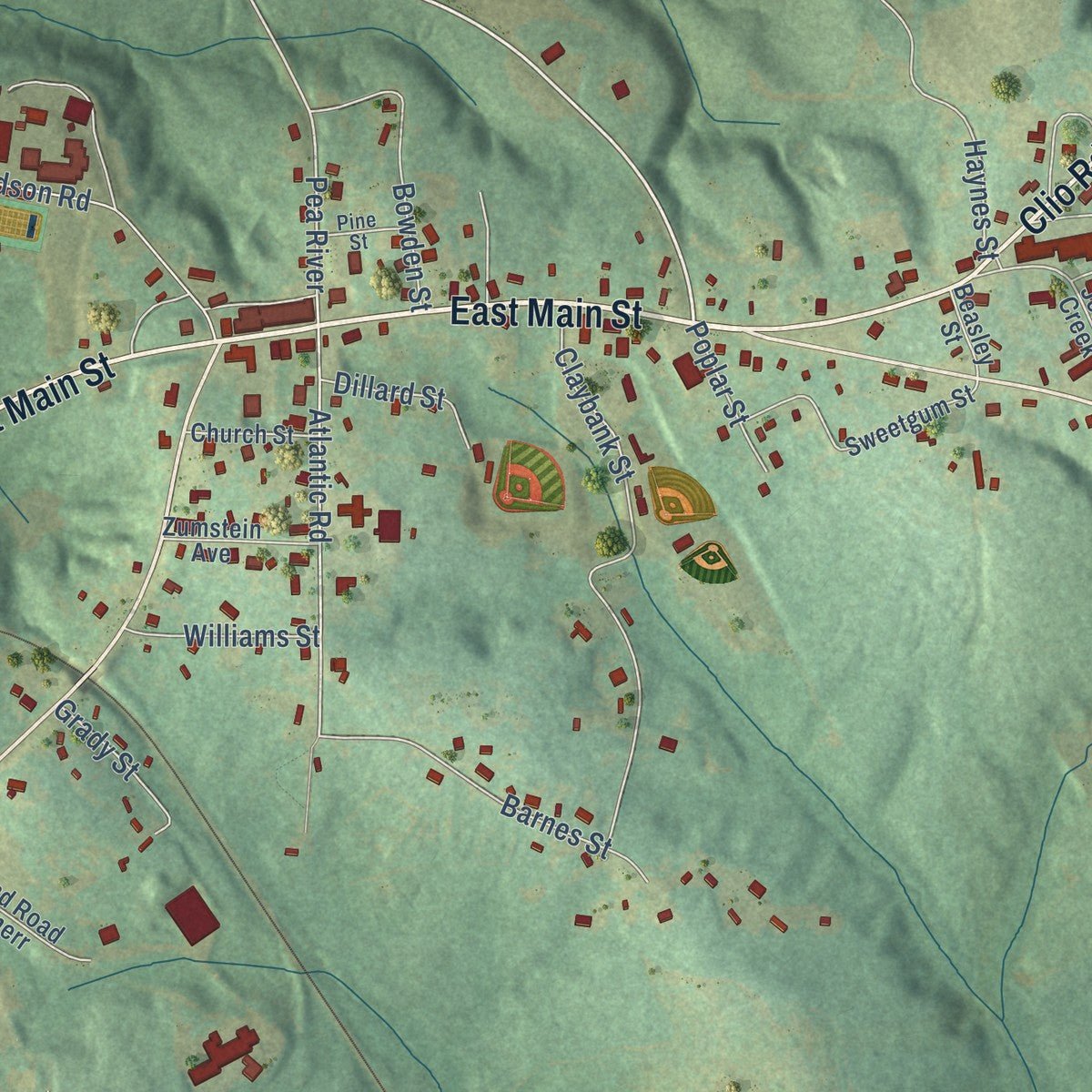 Close-up of the map of Ariton, Alabama print showing street and building detail