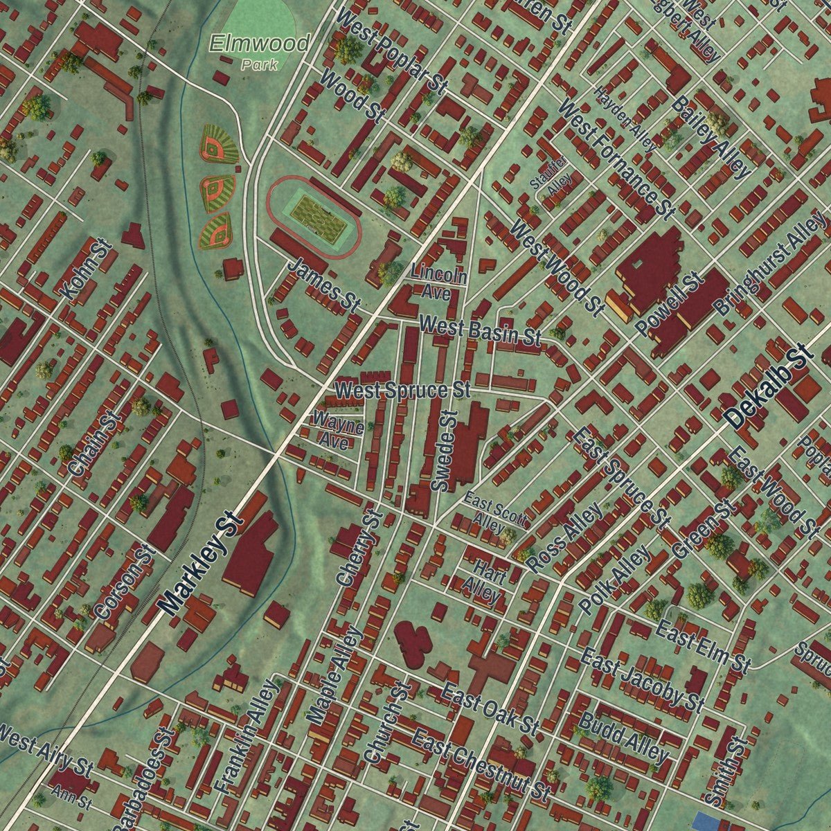 Close-up of the map of Norristown, Pennsylvania print showing street and building detail