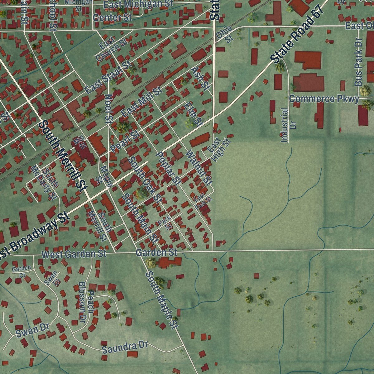 Close-up of the map of Fortville, Indiana print showing street and building detail