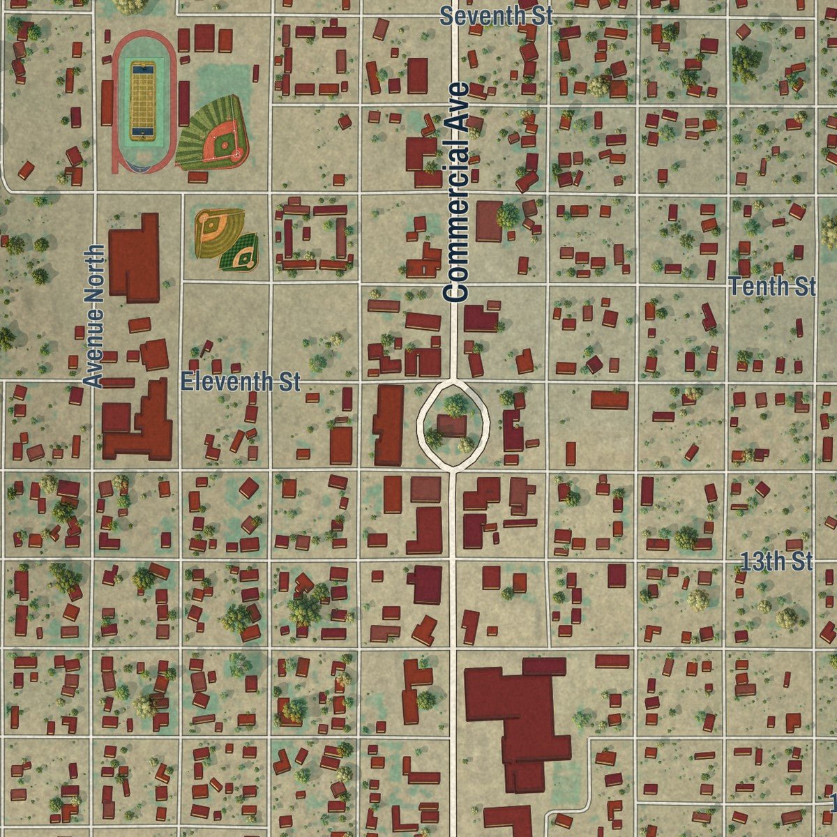 Close-up of the map of Anson, Texas print showing street and building detail
