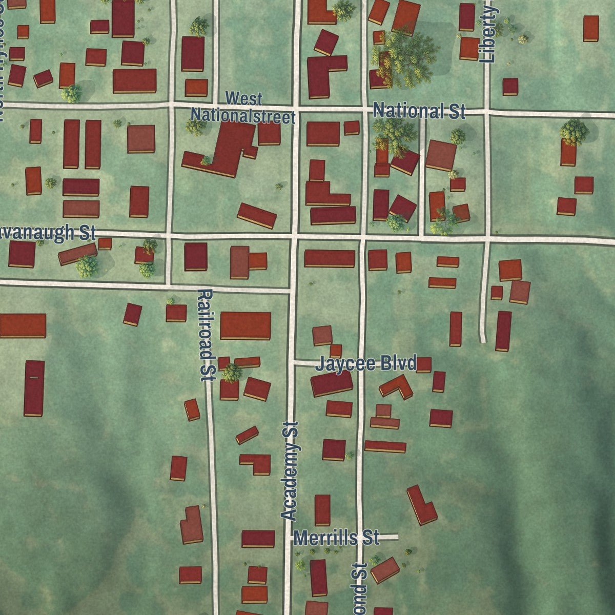 Close-up of the map of Pocahontas, Illinois print showing street and building detail