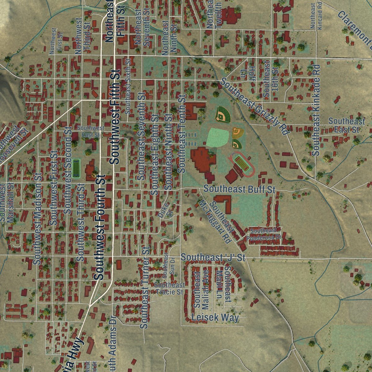 Close-up of the map of Madras, Oregon print showing street and building detail