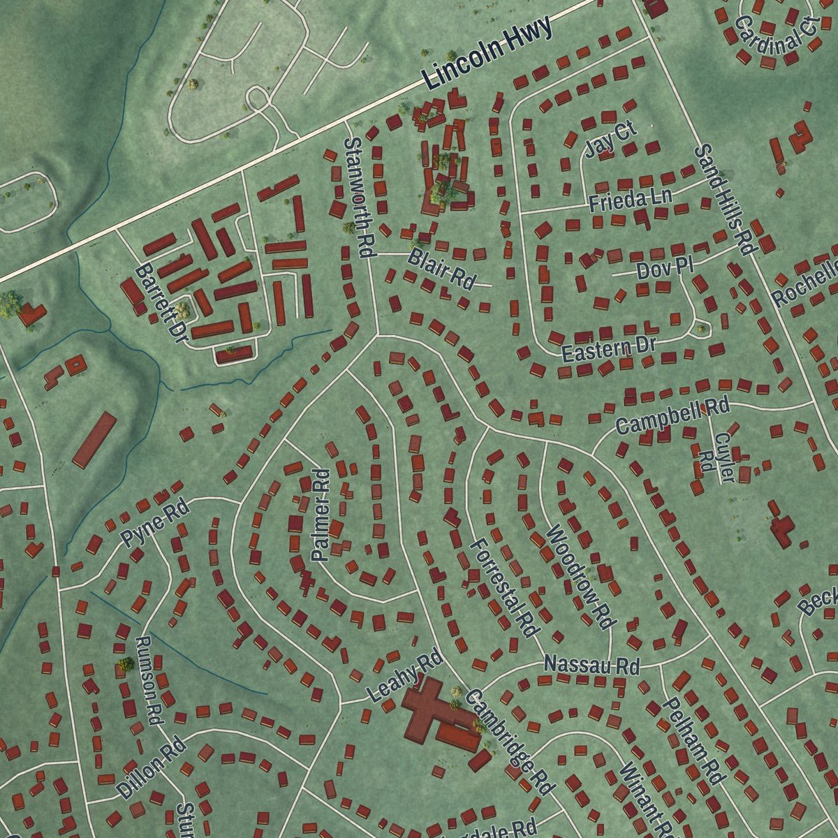 Close-up of the map of Kendall Park, New Jersey print showing street and building detail