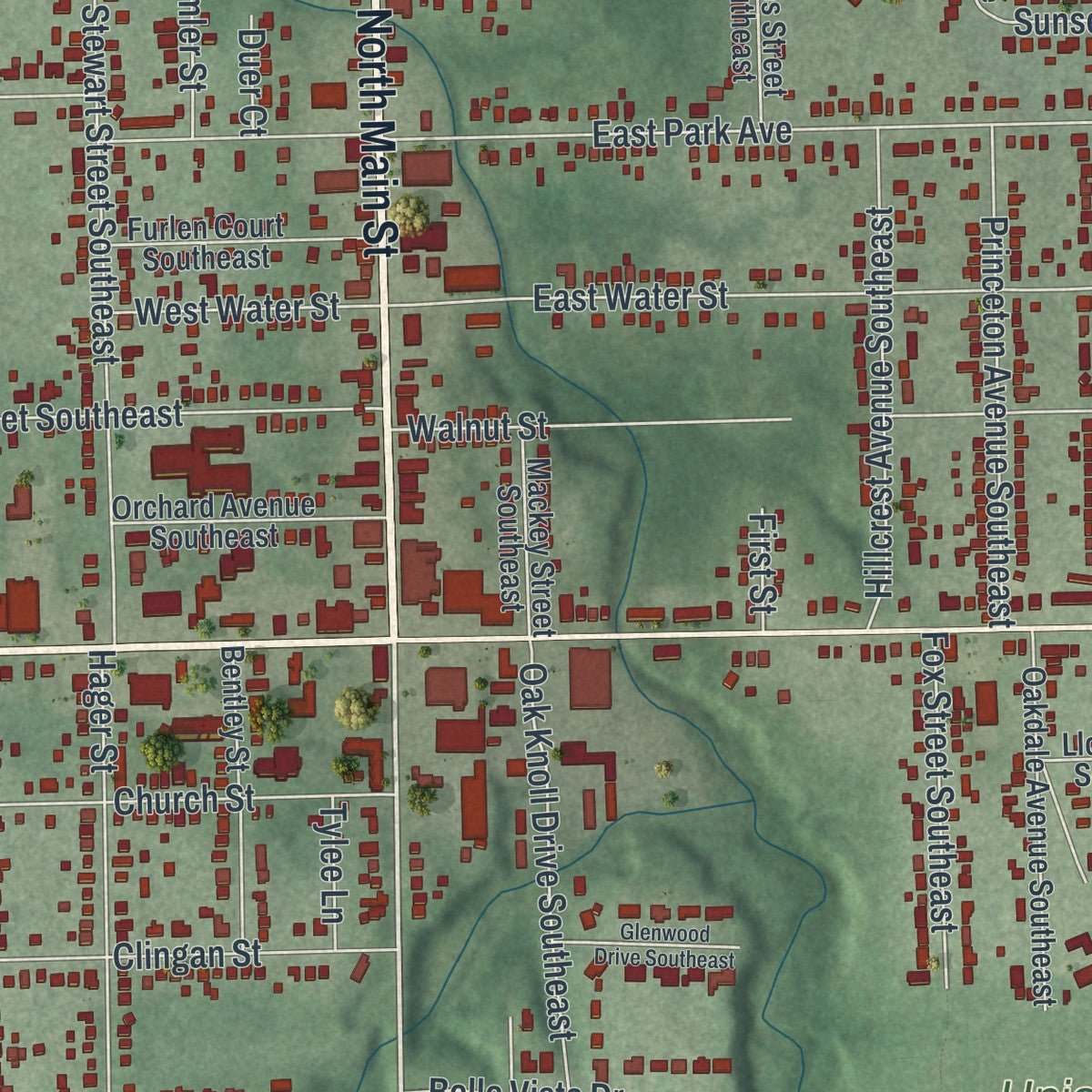 Close-up of the map of Hubbard, Ohio print showing street and building detail