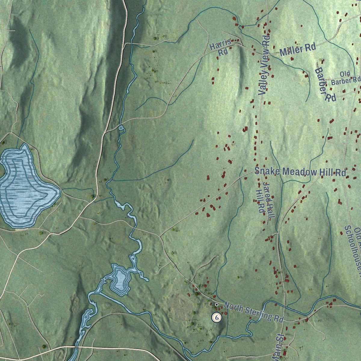 Close-up of the map of Sterling, Connecticut print showing street and building detail