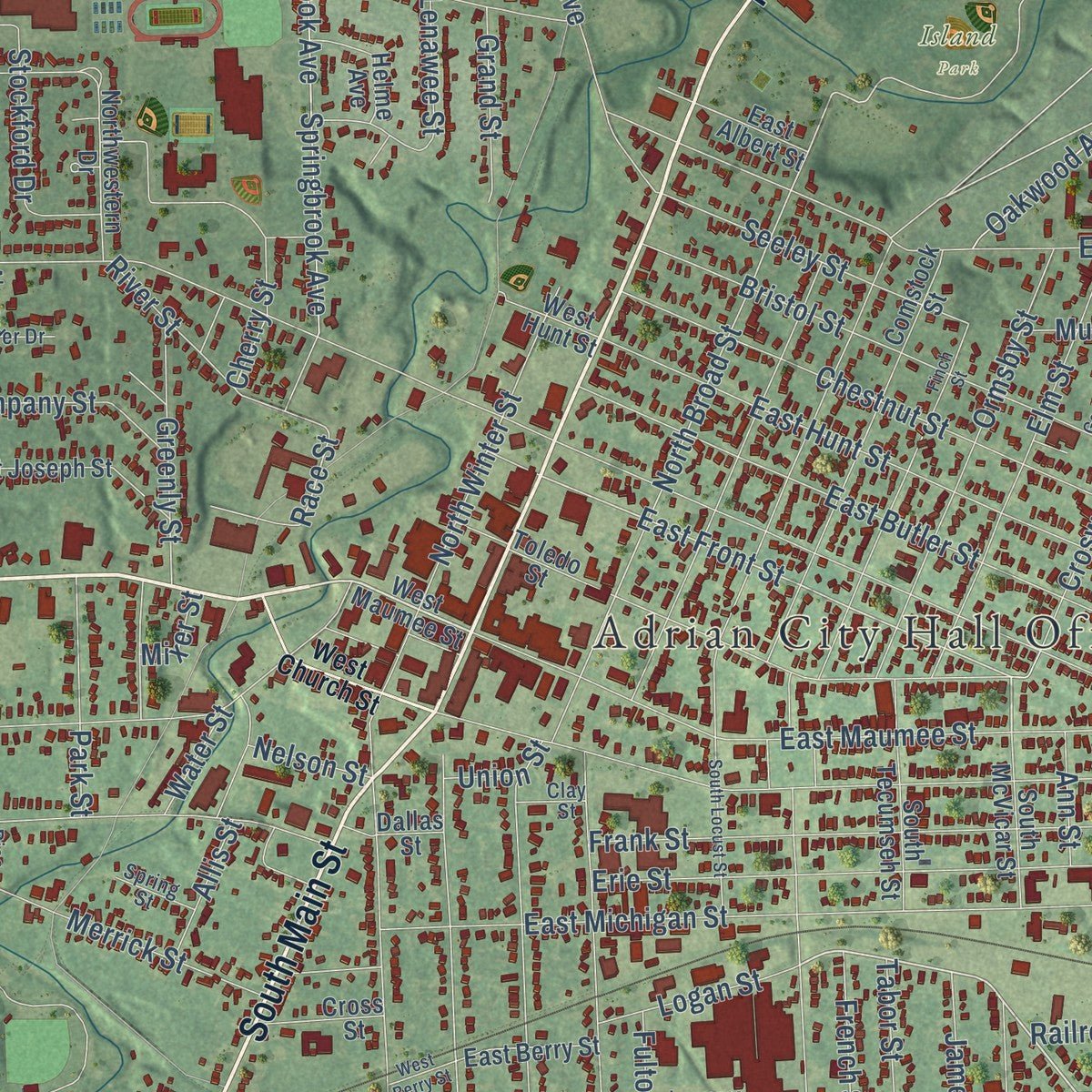 Close-up of the map of Adrian, Michigan print showing street and building detail