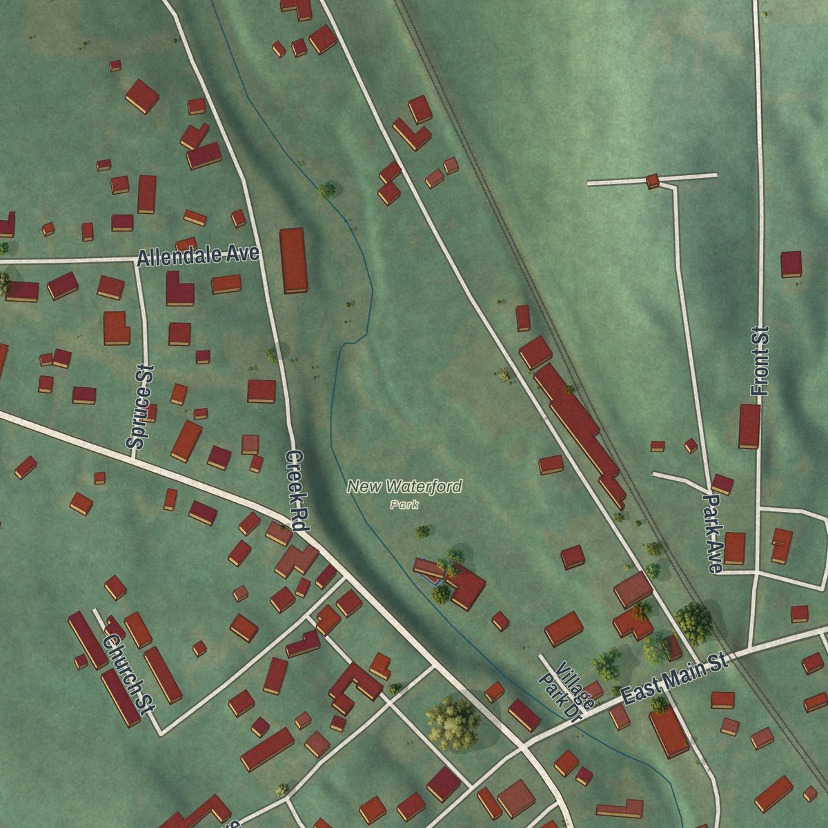 Close-up of the map of New Waterford, Ohio print showing street and building detail