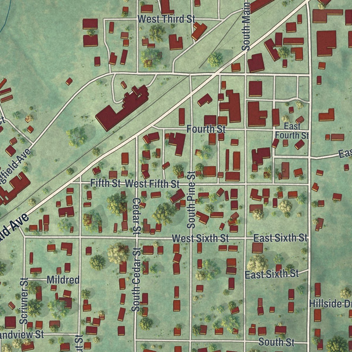 Close-up of the map of Gerald, Missouri print showing street and building detail
