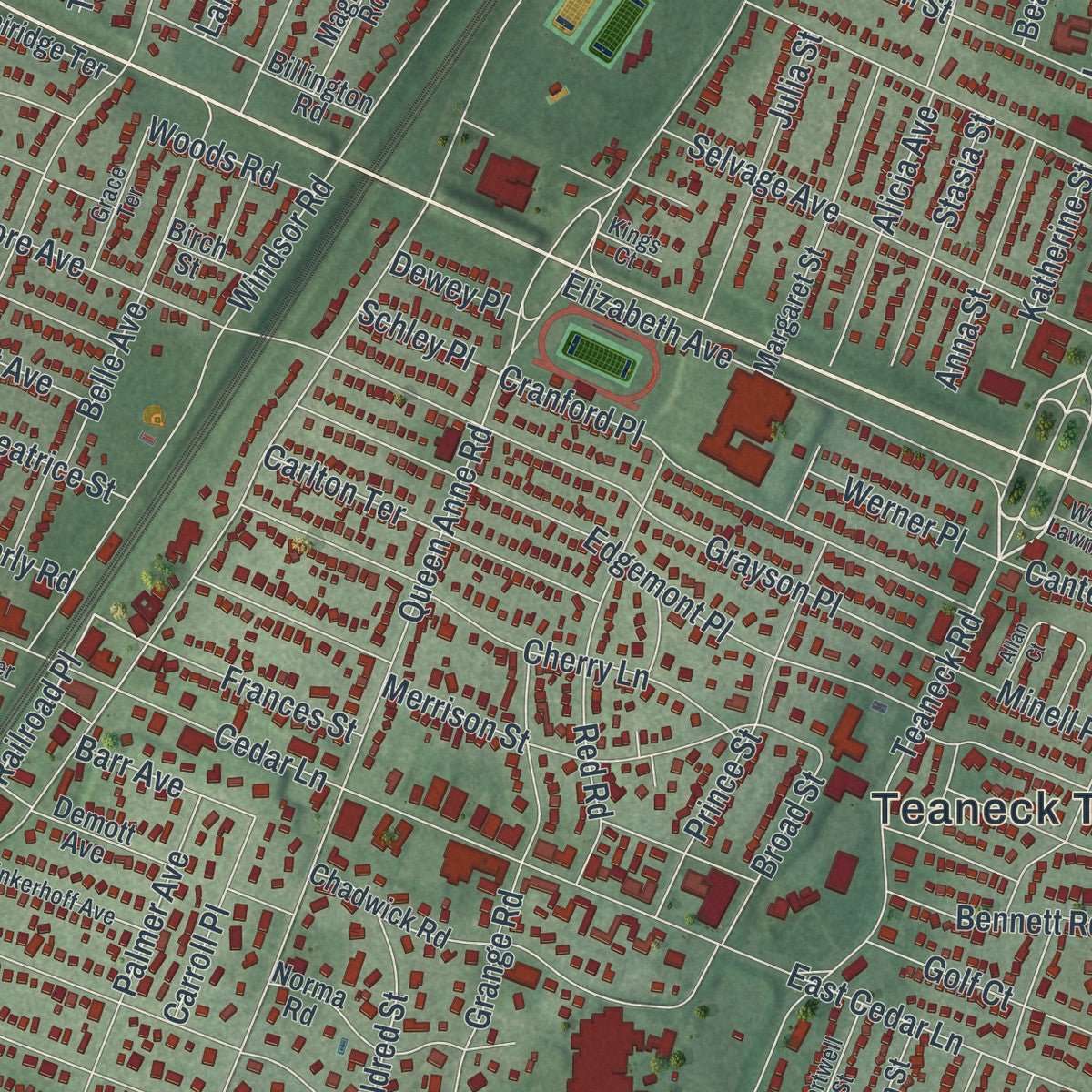 Close-up of the map of Teaneck, New Jersey print showing street and building detail