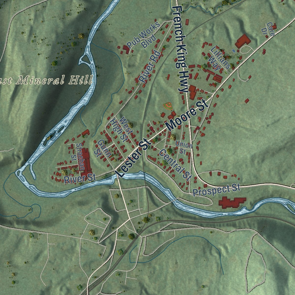 Close-up of the map of Erving, Massachusetts print showing street and building detail