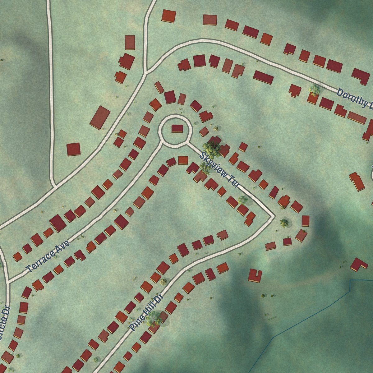 Close-up of the map of Crestview, Kentucky print showing street and building detail