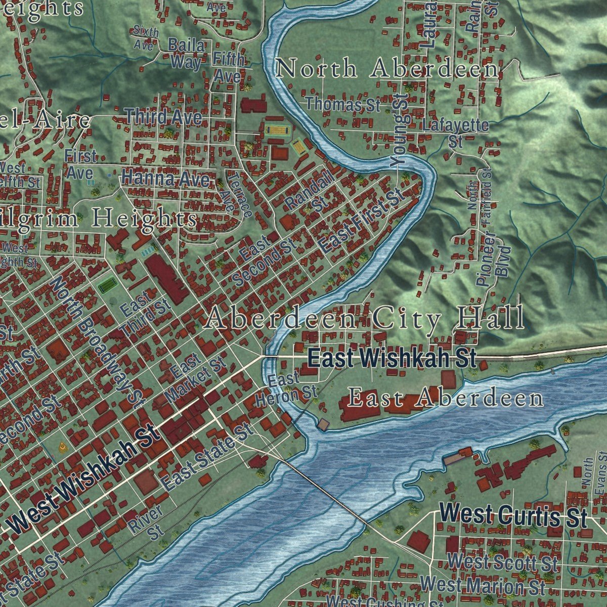 Close-up of the map of Aberdeen, Washington print showing street and building detail