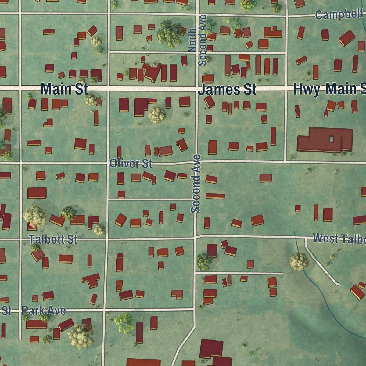 Close-up of the map of Sterling, Oklahoma print showing street and building detail