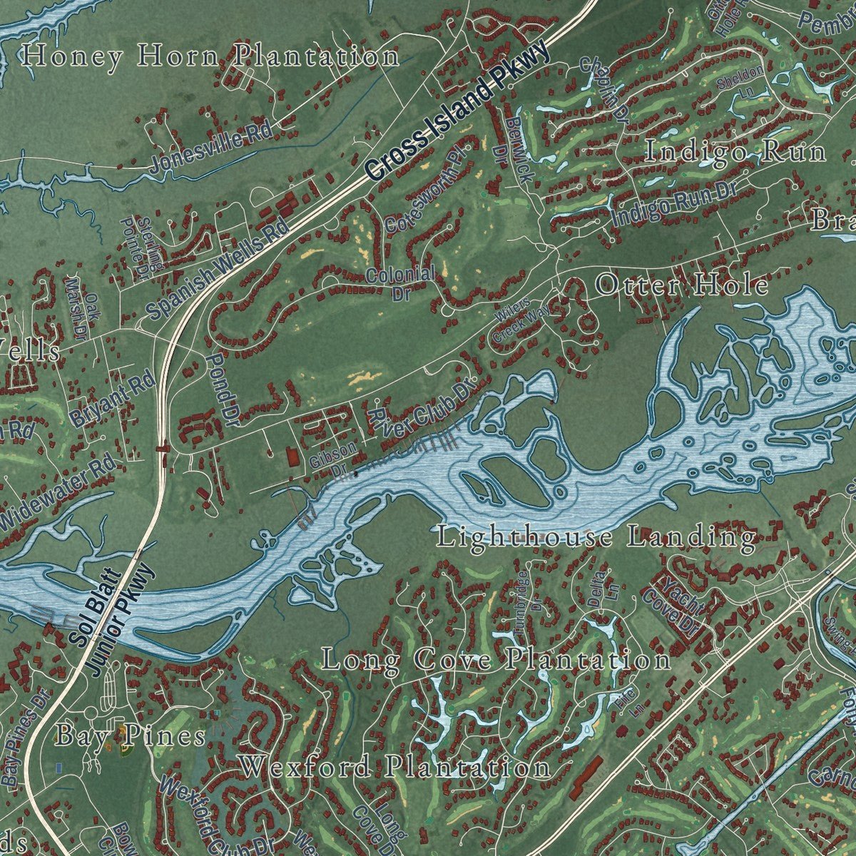Close-up of the map of Hilton Head Island, South Carolina print showing street and building detail