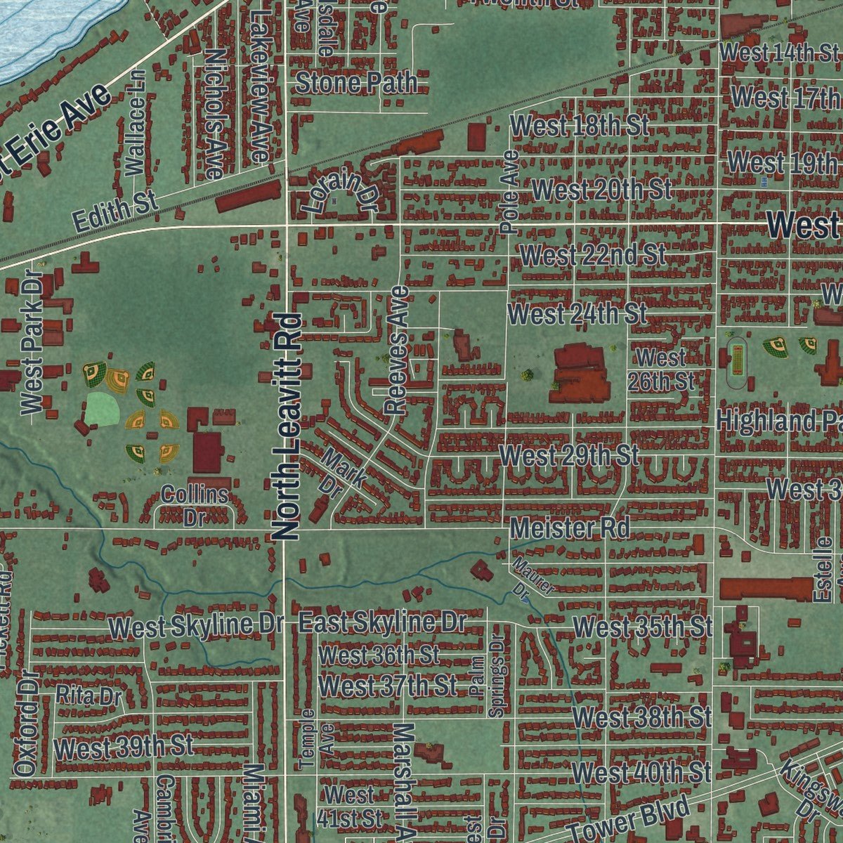Close-up of the map of Lorain, Ohio print showing street and building detail