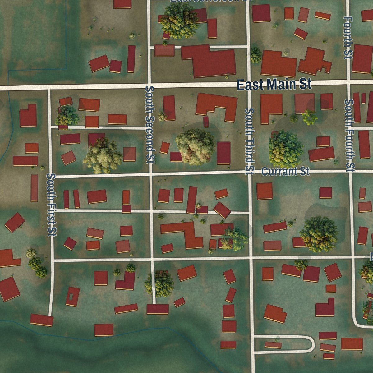 Close-up of the map of Athena, Oregon print showing street and building detail