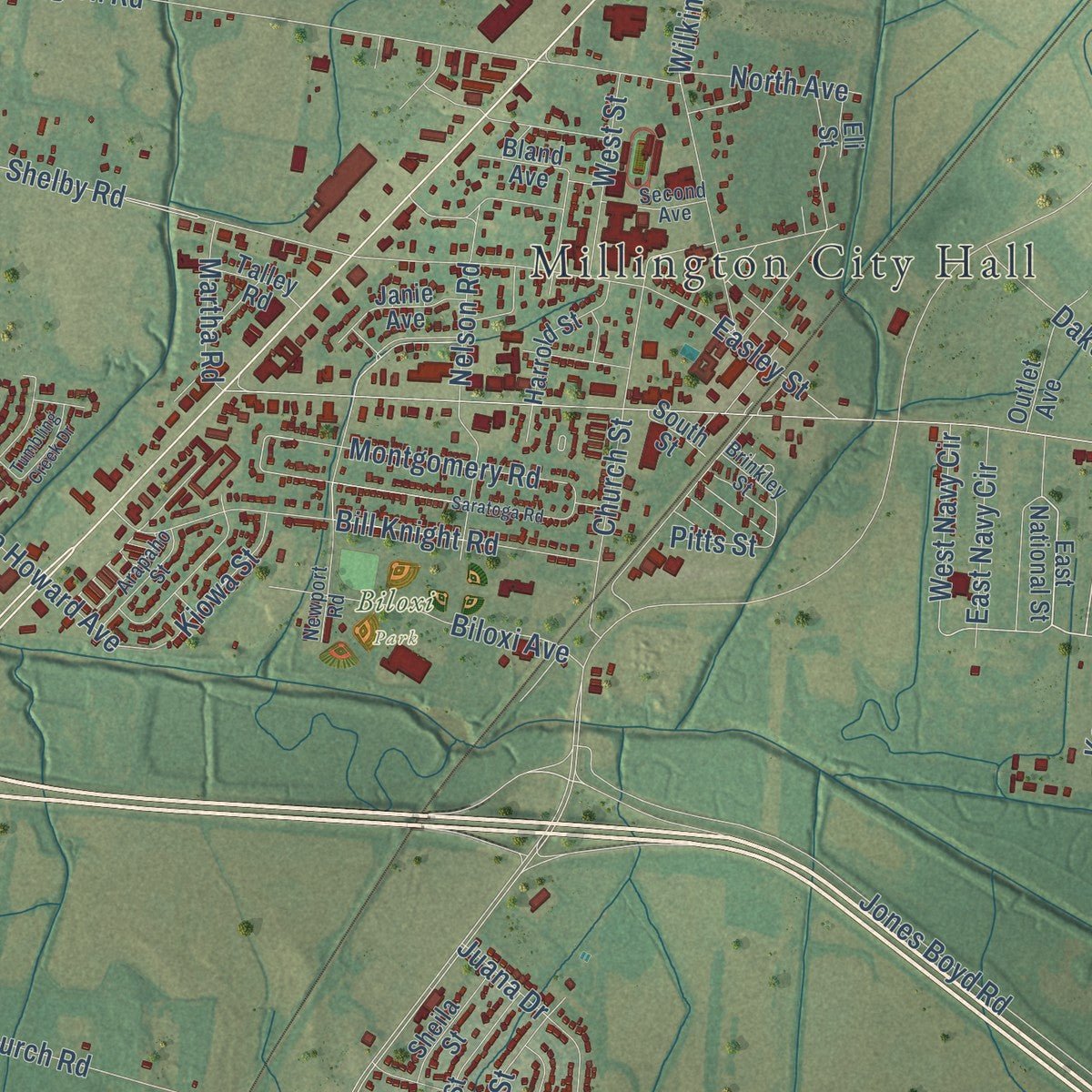 Close-up of the map of Millington, Tennessee print showing street and building detail