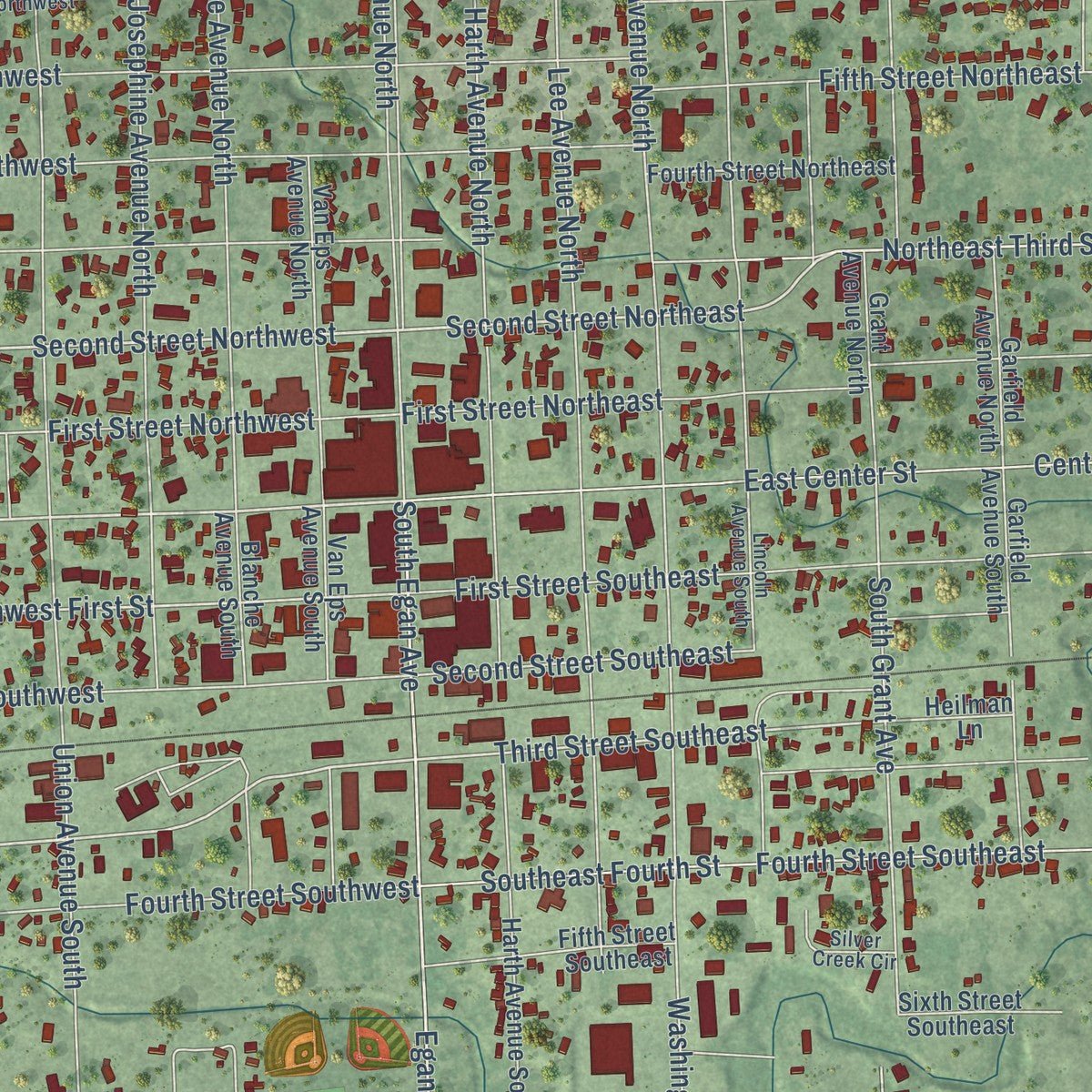 Close-up of the map of Madison, South Dakota print showing street and building detail