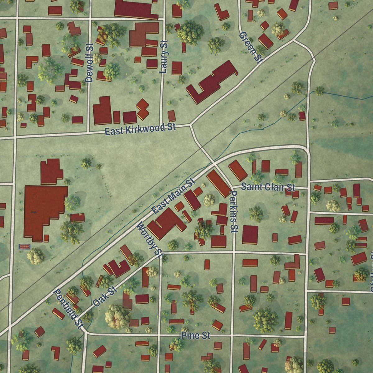 Close-up of the map of Odin, Illinois print showing street and building detail