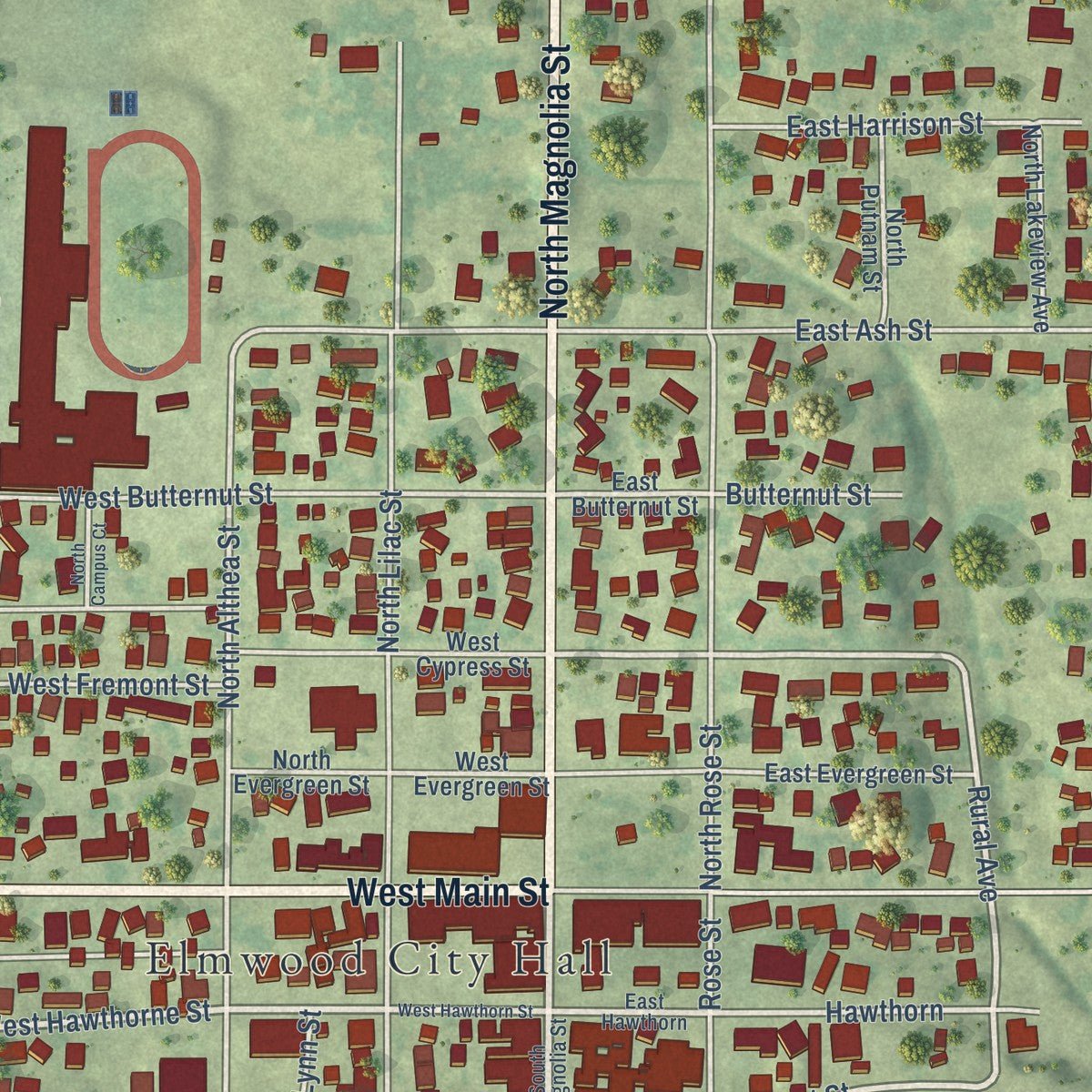 Close-up of the map of Elmwood, Illinois print showing street and building detail