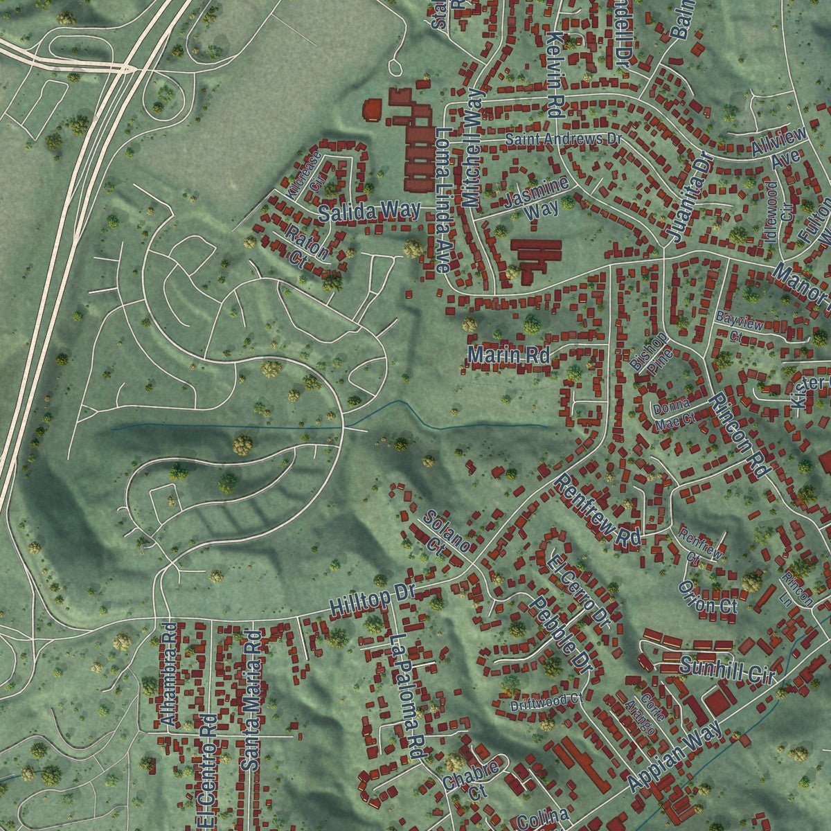 Close-up of the map of El Sobrante, Contra Costa County, California print showing street and building detail