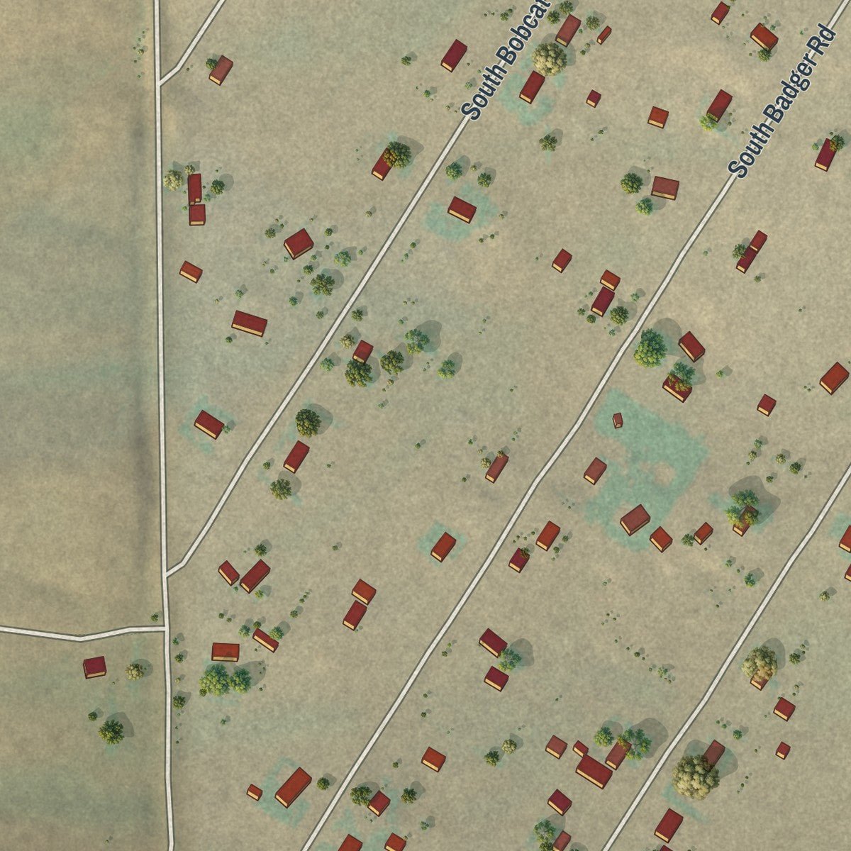 Close-up of the map of Rolling Hills, Wyoming print showing street and building detail