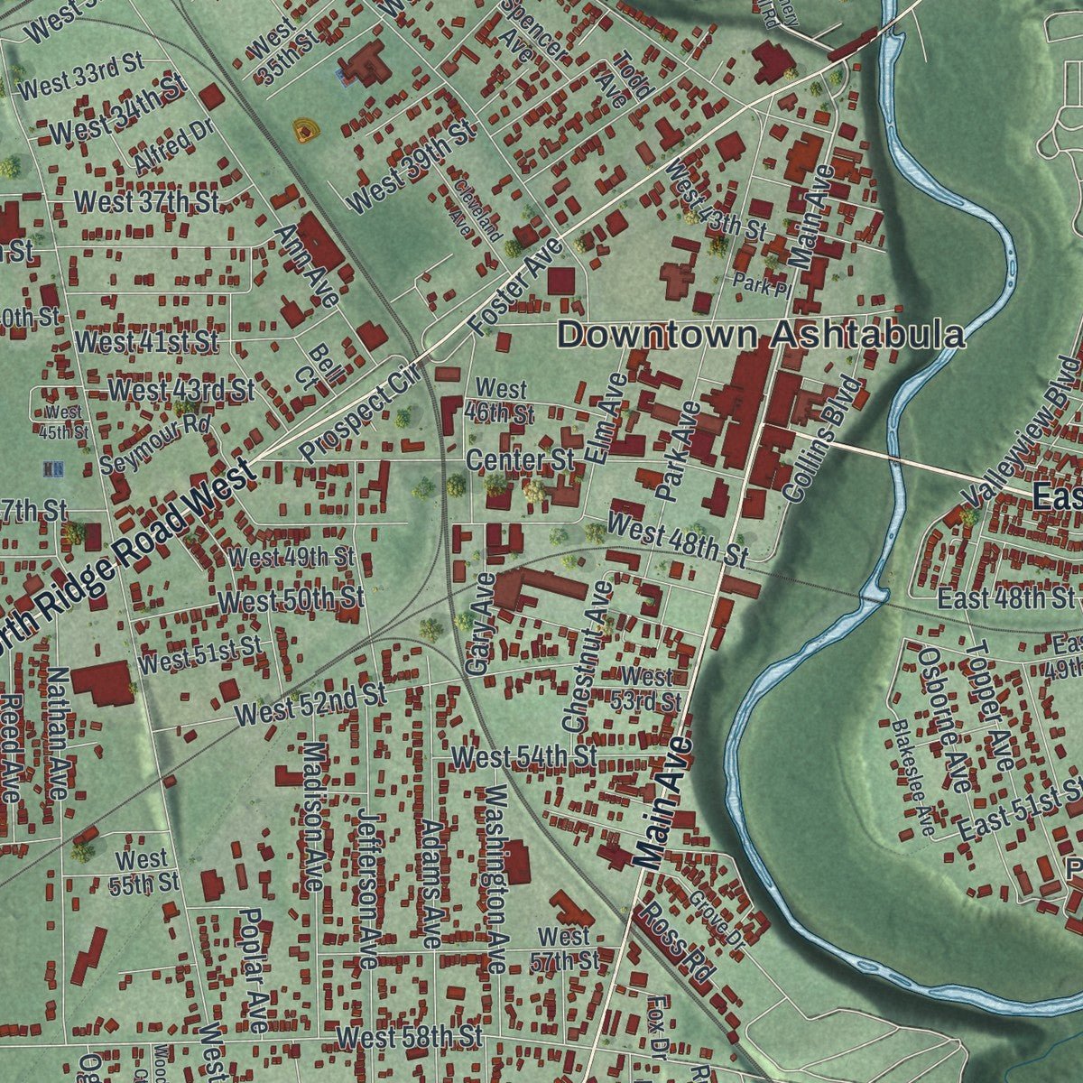 Close-up of the map of Ashtabula, Ohio print showing street and building detail