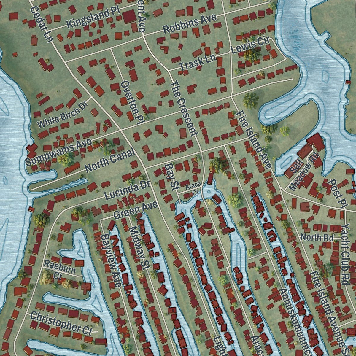 Close-up of the map of the Village of Babylon, New York print showing street and building detail
