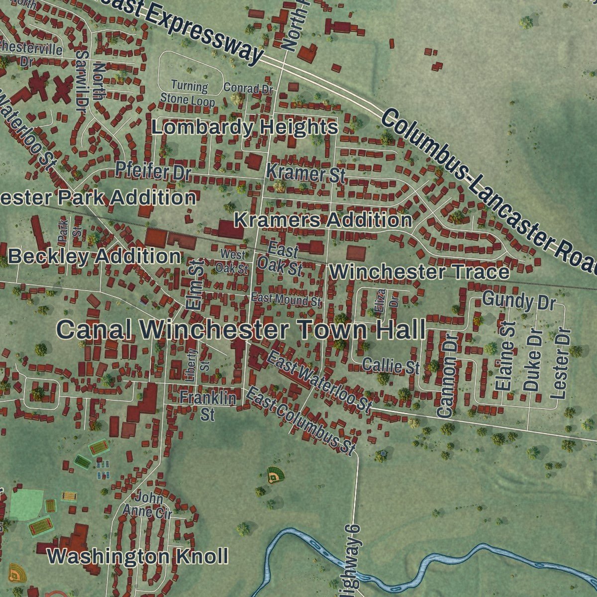 Close-up of the map of Canal Winchester, Ohio print showing street and building detail