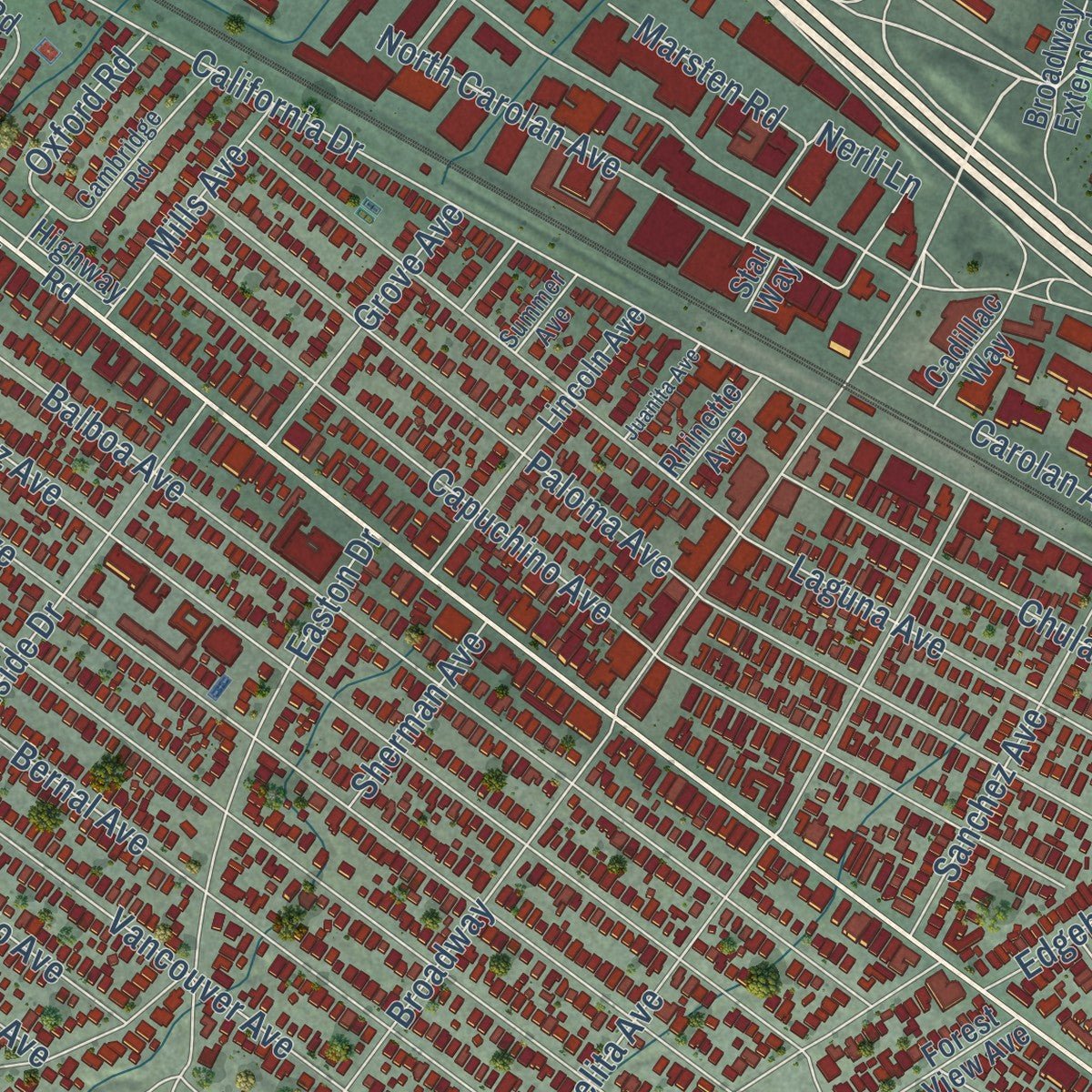 Close-up of the map of Burlingame, California print showing street and building detail