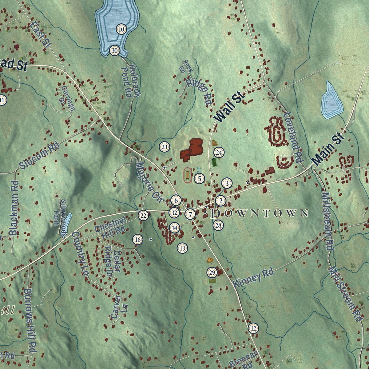 Close-up of the map of Hebron, Connecticut print showing street and building detail