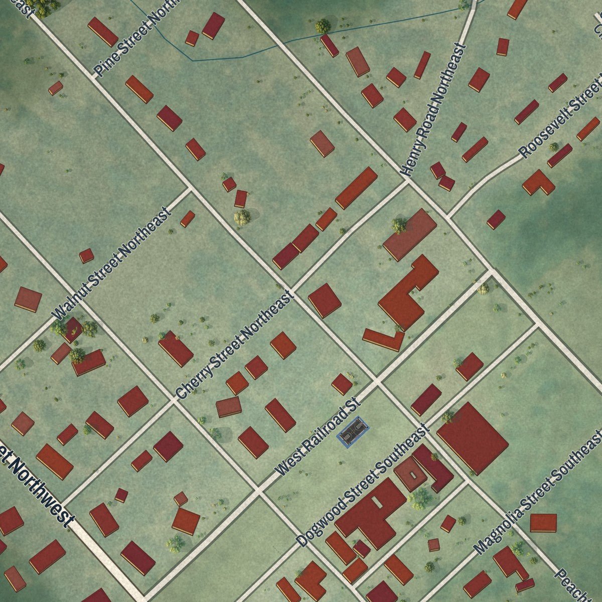 Close-up of the map of Warwick, Georgia print showing street and building detail