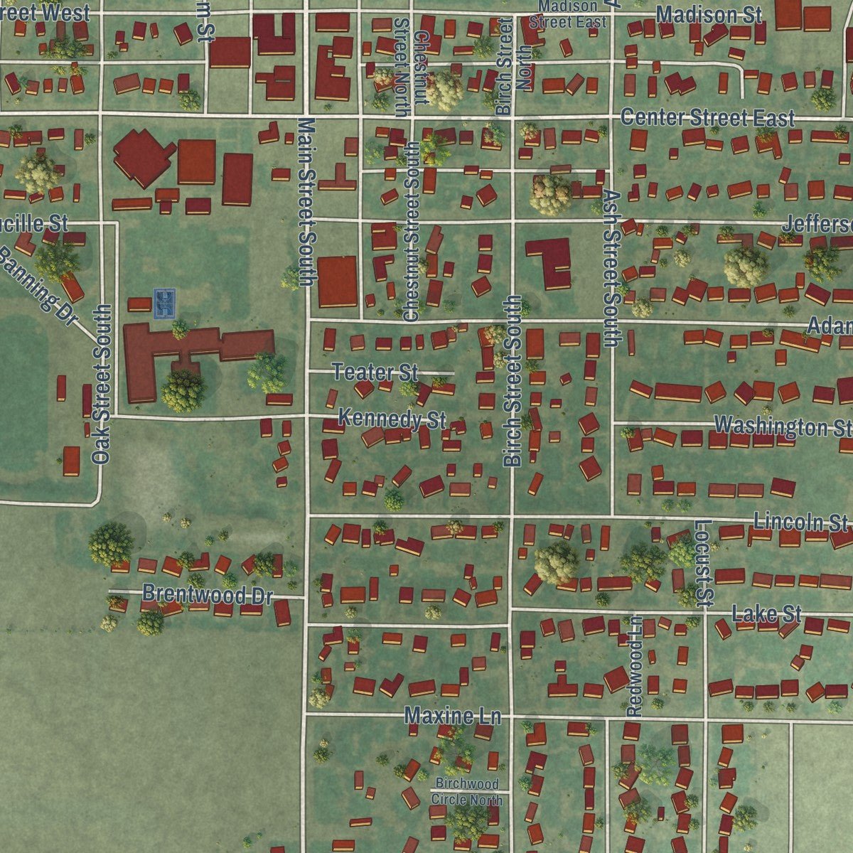 Close-up of the map of Kimberly, Idaho print showing street and building detail