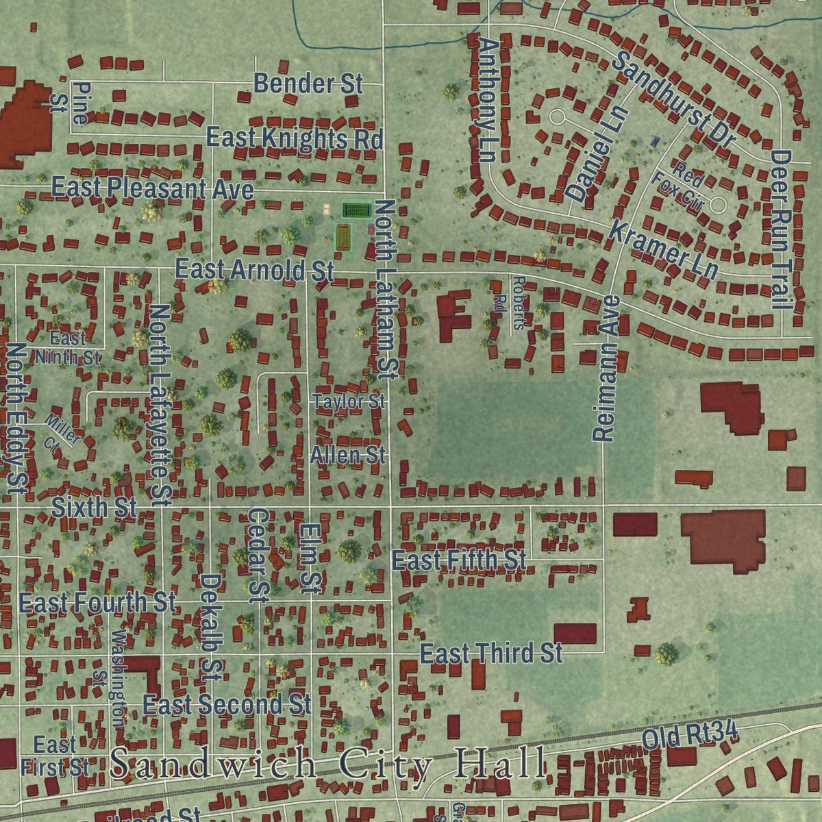 Close-up of the map of Sandwich, Illinois print showing street and building detail