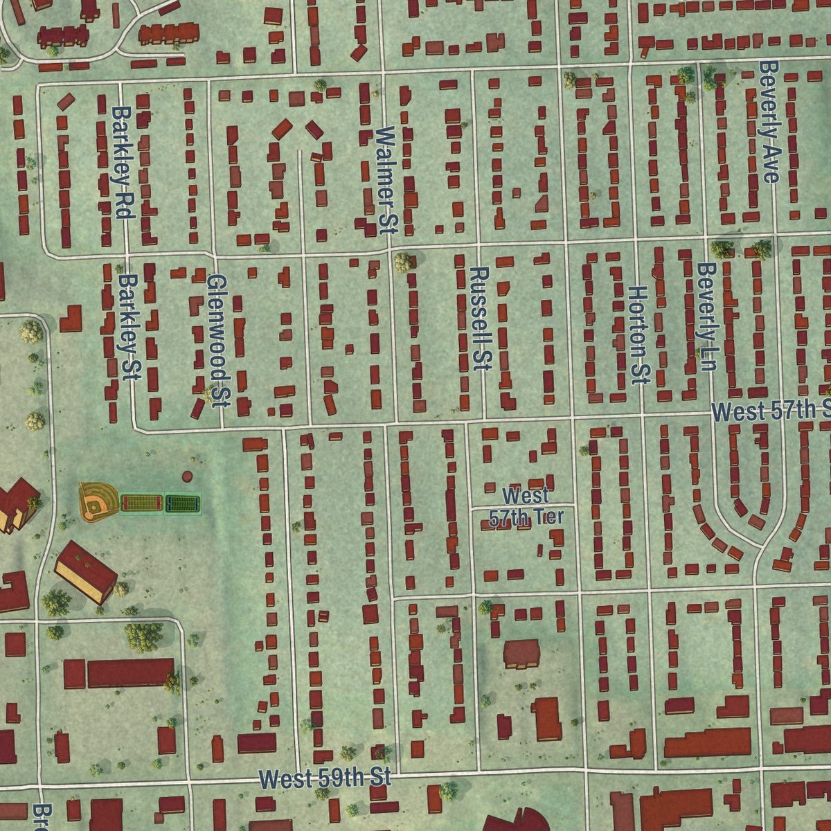 Close-up of the map of Mission, Kansas print showing street and building detail