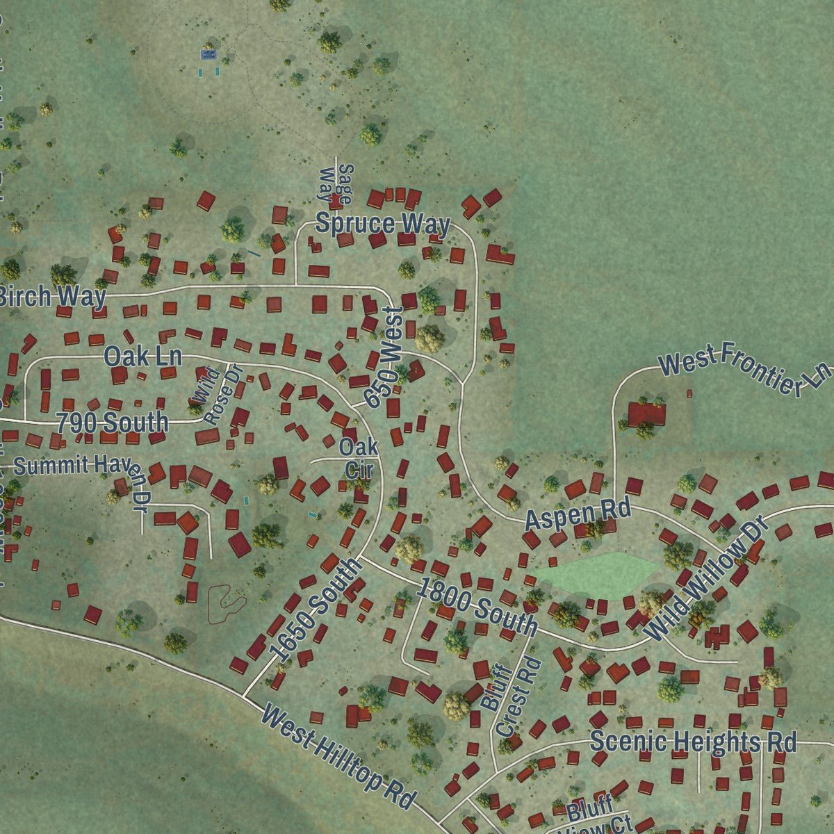 Close-up of the map of Francis, Utah print showing street and building detail