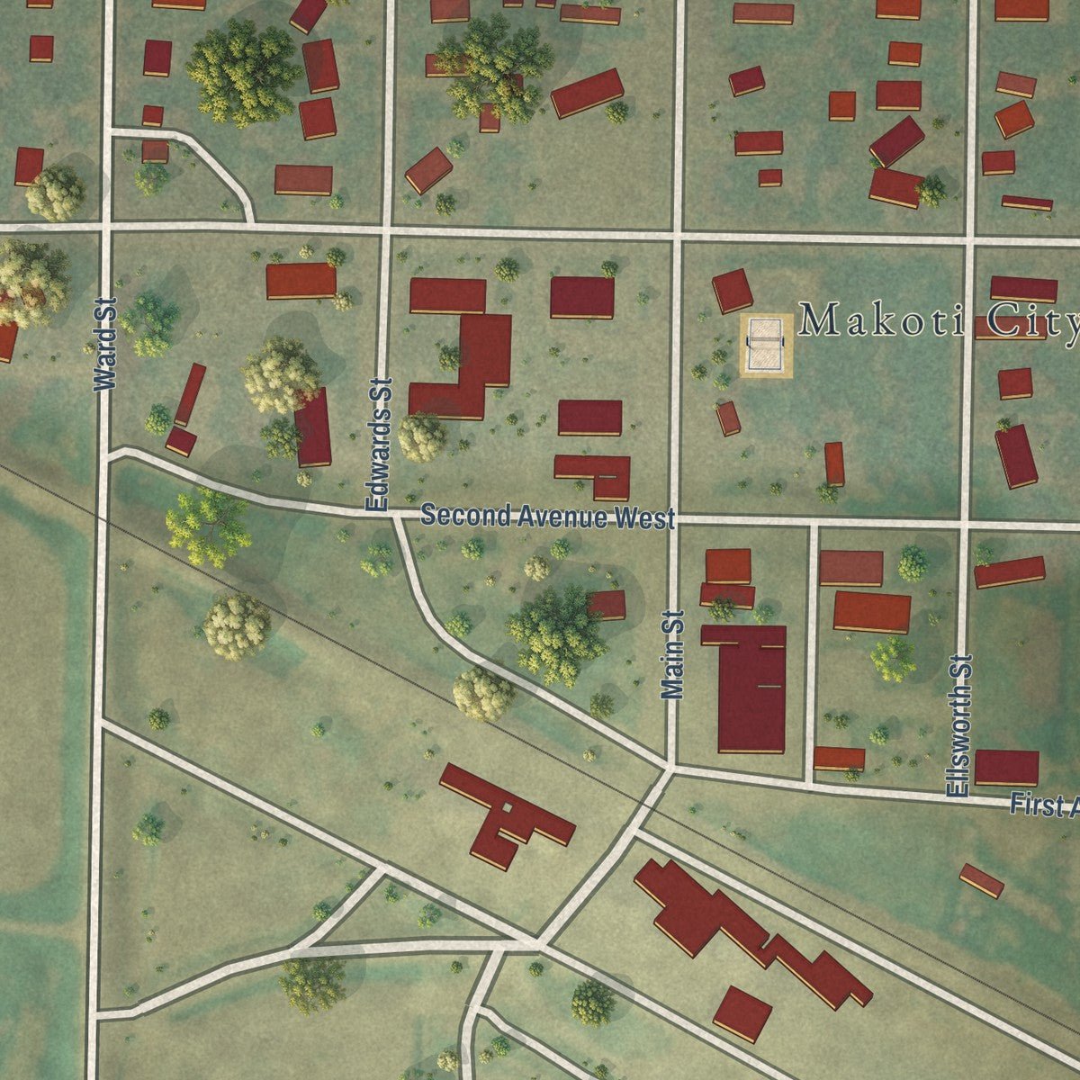 Close-up of the map of Makoti, North Dakota print showing street and building detail